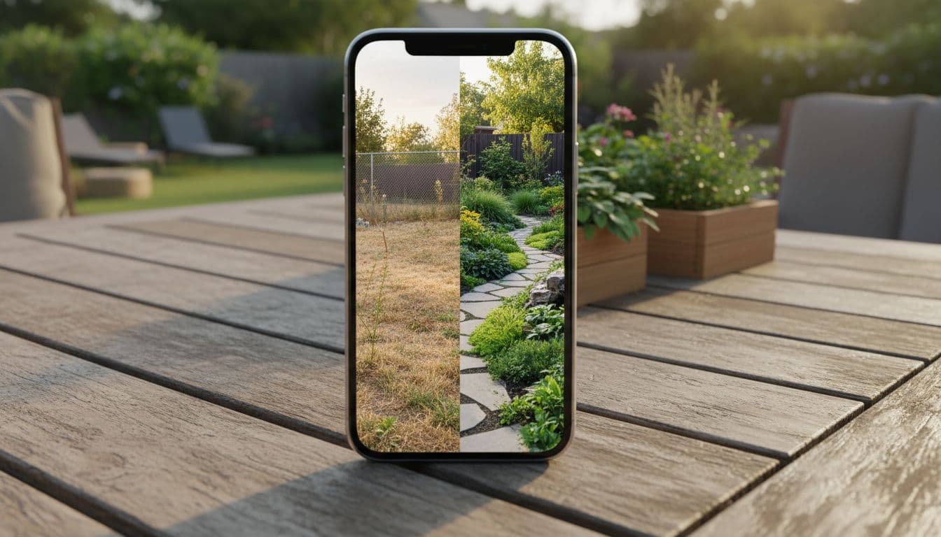 Split-screen photorealistic before-and-after AI garden design on a phone screen