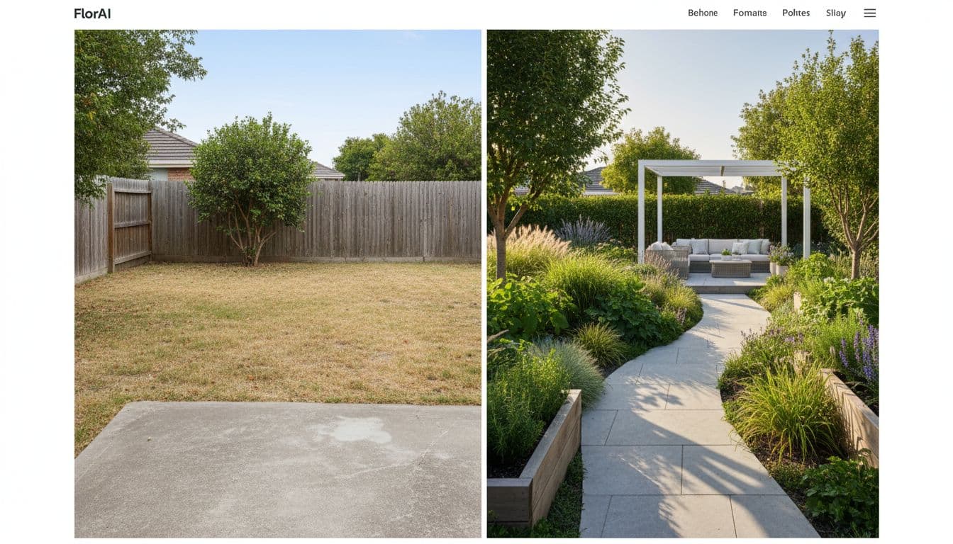 FlorAI AI Garden Design app showing a before-and-after backyard transformation on iPhone, Android, and Web