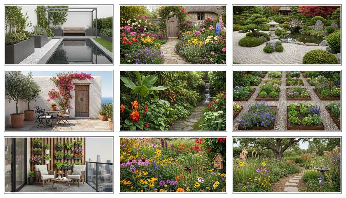 Garden style gallery showing modern, cottage, Japanese, Mediterranean, tropical, and balcony garden ideas